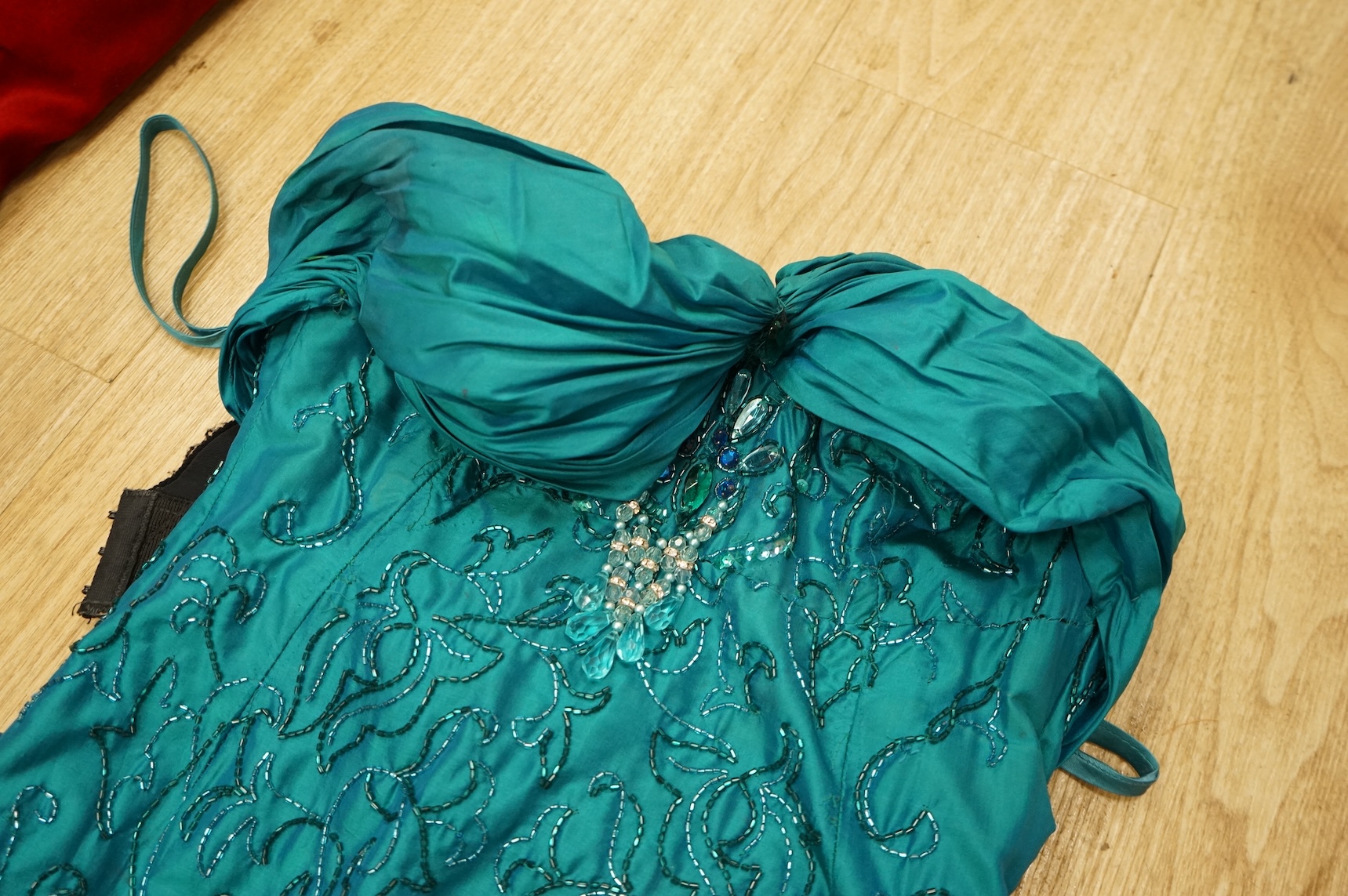 A 1960's/70's evening dress and jacket, with a red velvet dress
